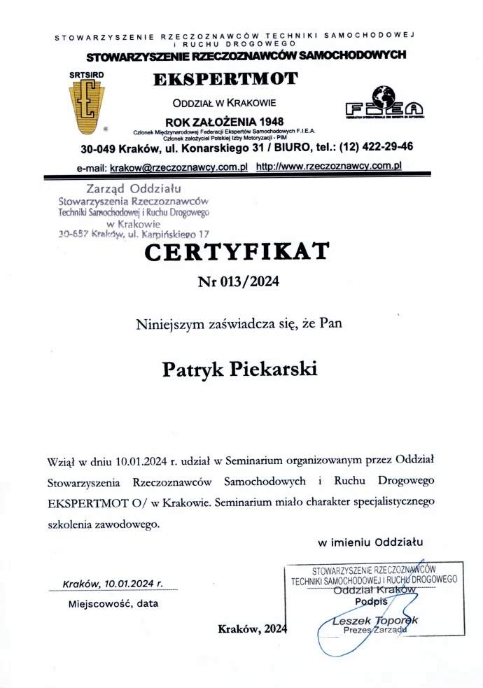 Certyfikat seminarium Ekspertmot