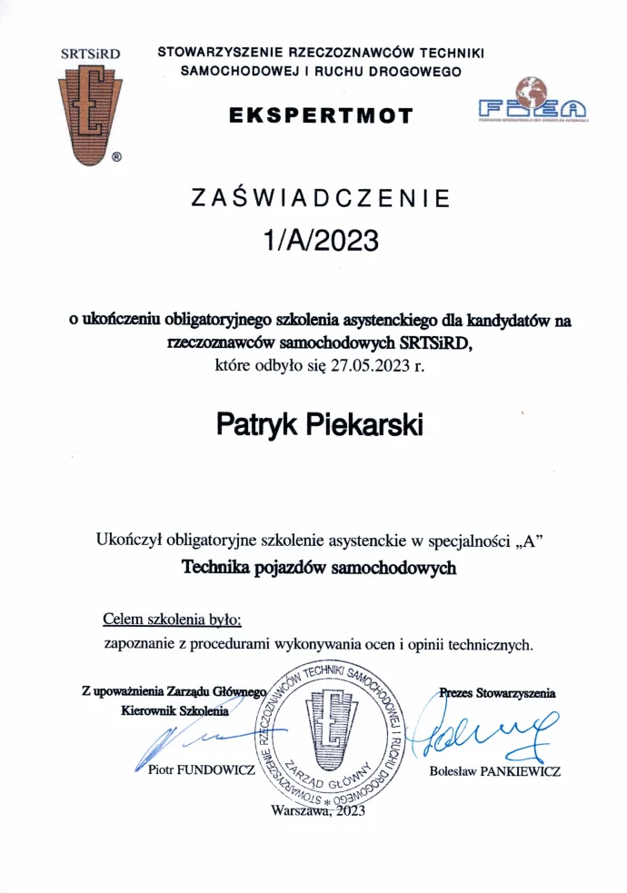 Zaświadczenie Ekspertmot sylwetka A