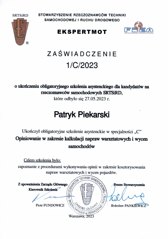 Zaświadczenie Ekspertmot sylwetka C