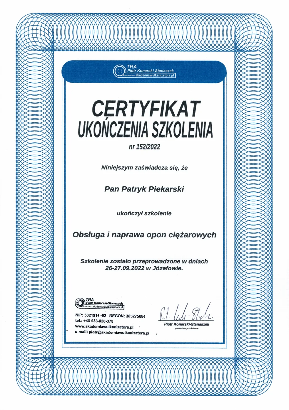 Certyfikat obsługi ogumienia