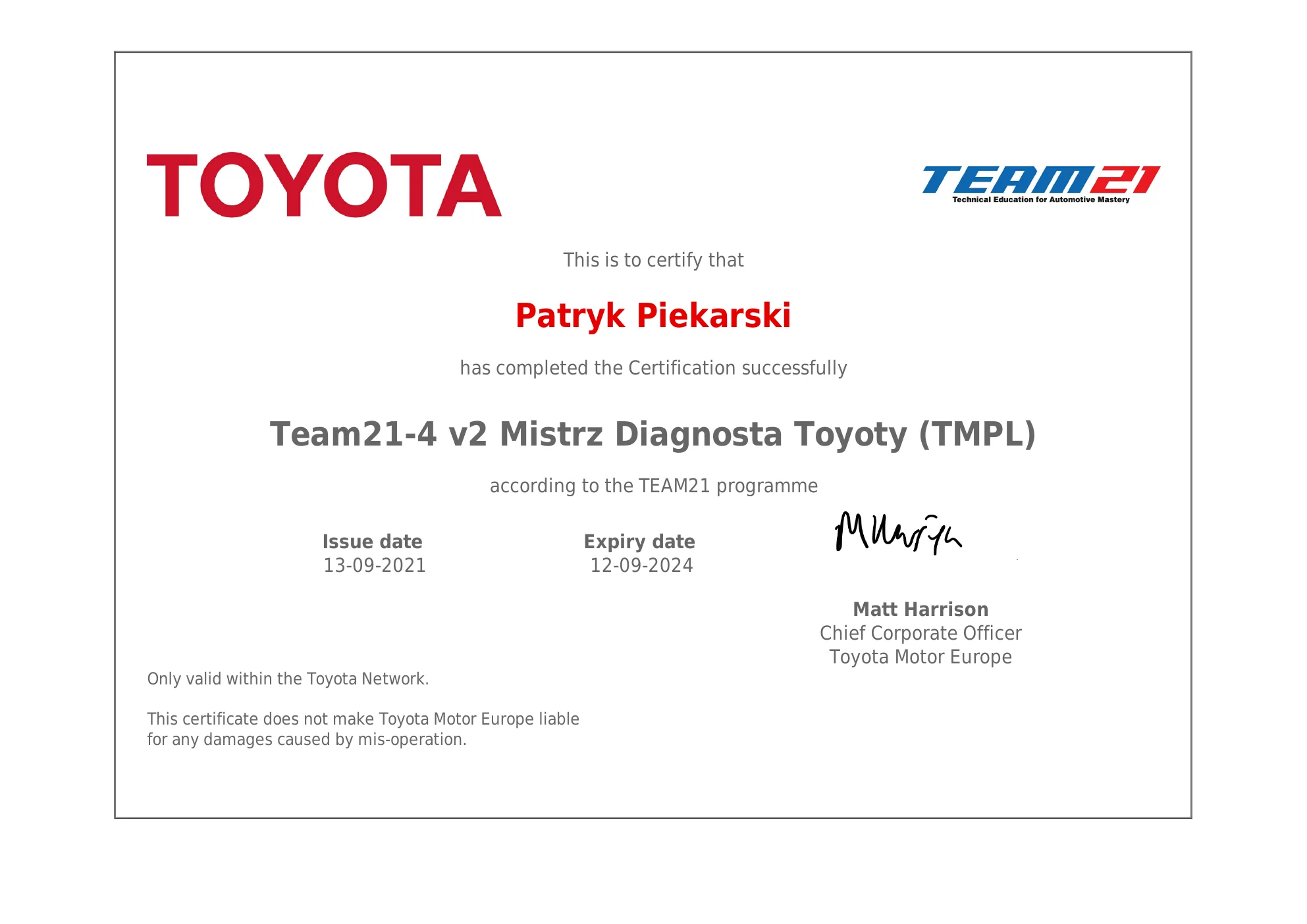 Certyfikat Toyota Mistrz Diagnosta